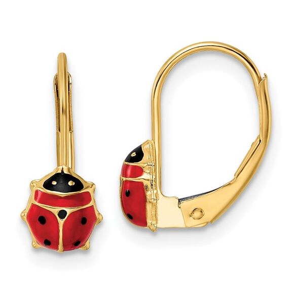 Kazi Luxury 14k Yellow Gold Polished Enameled Ladybug Leverback Earrings